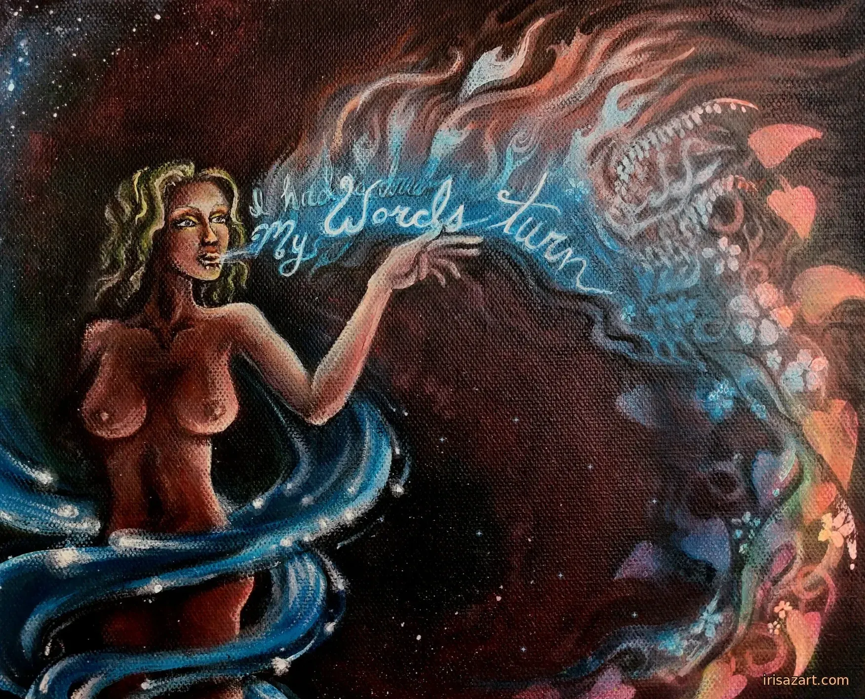 my friend asked me to paint a dream she had, where her words turn from fire to flowers.