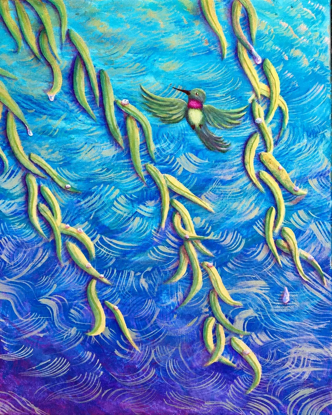 Hummingbird with weaping willow