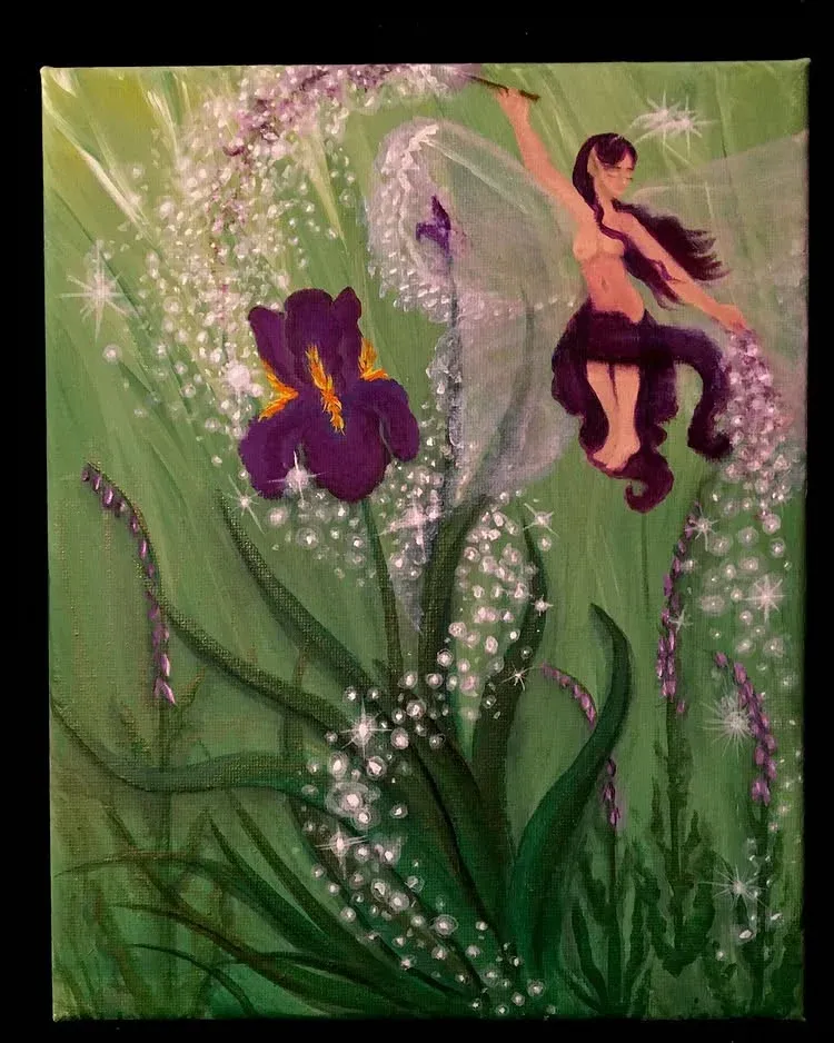 A Faerie helping to grow and Iris.